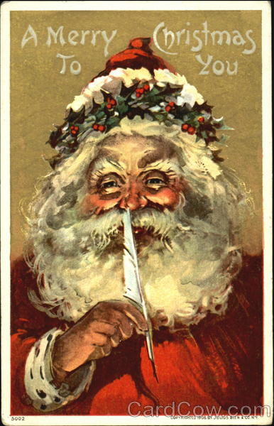 Santa, with holly encircling his hat, holds a quill Santa Claus