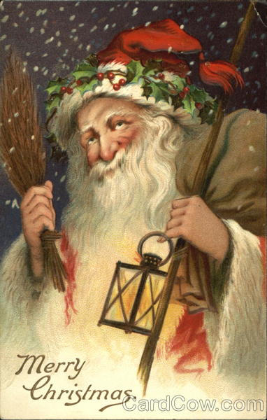 Santa,red cap, brown bag, lamp light on his hand , snowing Santa Claus