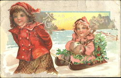 Little girl pulling a sleigh with a little girl on it Postcard