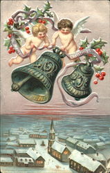 Two Cherubs Ringing Bells Above Small Town Postcard