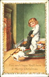 Child reaching into a stocking with a dog tugging it Children Postcard Postcard