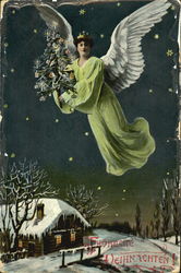 Green-Robed Angel Hovers Over Snow-Covered Cottage At Night Postcard