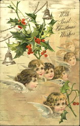 Faces and wings of young angels with mistletoe and bells Postcard