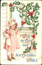 Little girl holding a doll outside a window Postcard