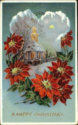 Pointsettias and a chapel Christmas Postcard Postcard