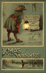 green card, old santa with lamplight reading sign on the road of good luck Postcard