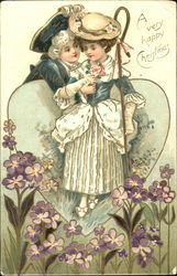 Boy in Blue Giving Woman in a Dress a Flower Postcard