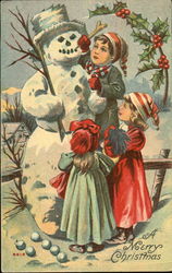 Three little children making a snowman Snowmen Postcard Postcard