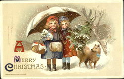 Old-time children and dog with Christmas tree Postcard Postcard