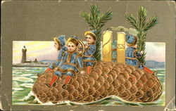 Children riding a pine cone on the water Postcard Postcard