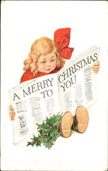 Girl in red shirt and red bow reading christmas newspaper Postcard