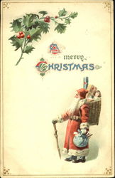 Holly, santa in red holding bag, cane, bag toys on his back Santa Claus Postcard Postcard