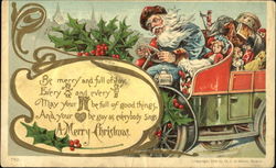 A Santa in blue drives a green car loaded with toys Santa Claus Postcard Postcard