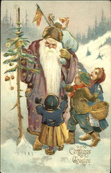 Santa with purple robe, three children trying to grab his bag of toys Santa Claus Postcard Postcard