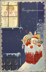 Little Boy looking out a window at Santa in the Chimney Postcard