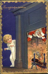 Young Child Sees Santa Entering Fireplace From Chimney Postcard