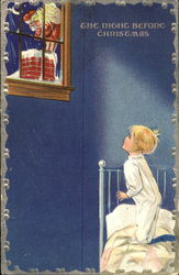 Vintage little boy looking out window at Santa on roof Postcard