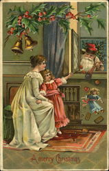 Mother and daughter see Santa in white robe at the window Santa Claus Postcard Postcard