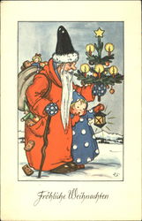 Santa with Child in Blue coat with White Dots Postcard