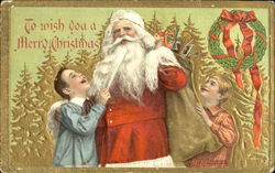 Two young boys hugging Santa Santa Claus Postcard Postcard