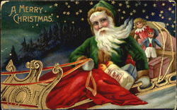 Santa in his Green Robe Flies his Toy-Filled Sleigh through the Stars Santa Claus Postcard Postcard