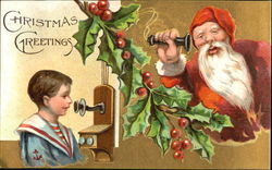 Santa Talking on Phone with Small Boy Santa Claus Postcard Postcard