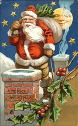 Santa on Roof with Bag of Gifts Santa Claus Postcard Postcard