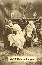 B & W vintage photo of Santa and a sleeping young woman Santa Claus Postcard Postcard