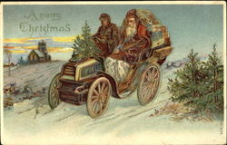 Santa on old car on a road Santa Claus Postcard Postcard