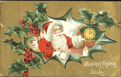 Vintage Santa with fireplace, stockings, a clock and ivy Santa Claus Postcard Postcard