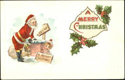 santa in red, up high on chimney top, signs to guide him, child looking Santa Claus Postcard Postcard