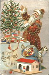 Santa With a Red Robe Decorated With Gold Decorates Tree Santa Claus Postcard Postcard