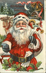 Santa in red, letters in his belt,reindeers and sleigh filled with dolls and toys in the background Santa Claus Postcard Postcard