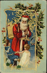 Two Chidren Playing With Santa Postcard