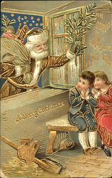 Golden Santa giving gifts through window to boy and girl Santa Claus Postcard Postcard