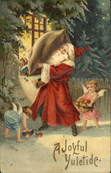 Santa and Two Cherubs Delivering Gifts Santa Claus Postcard Postcard