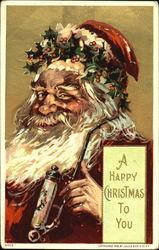 A Jolly santa in red suit holding pipe and holly on his head Santa Claus Postcard Postcard