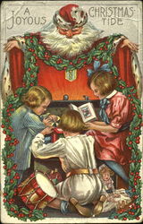 Santa overlooking three children reading Santa Claus Postcard Postcard