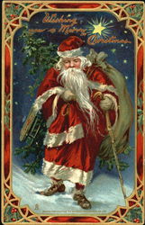 Santa in red walking with a cane and bag of toys Postcard