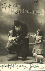 Santa, black overcoat, small blonde girl inside a bag, dog Santa Claus Postcard Postcard