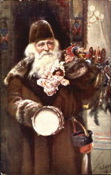 Santa in Brown Robe Carrying Toys and Drum Postcard