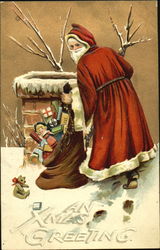 Santa about to go down a chimney with bag of toys Santa Claus Postcard Postcard