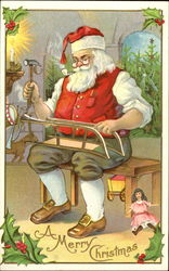 Santa building a toy sled Santa Claus Postcard Postcard