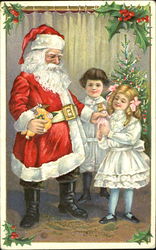 Santa Giving Gifts to Two Young Children Postcard