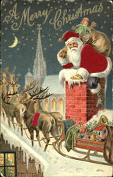 Santa going down chimney, bag of toys , reindeers and sleigh on a winter night Santa Claus Postcard Postcard