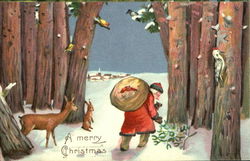 Santa with sack in the forest with animals Santa Claus Postcard Postcard