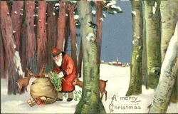 Santa Giving Grass As Present To The Deers Santa Claus Postcard Postcard