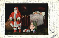 Santa in Room with Gifts and Sleeping Kids Santa Claus Postcard Postcard