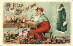 Santa Hangs Up His Green Robe, Gets Busy in his Toyshop Santa Claus Postcard Postcard