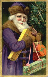 Santa in purple fur-lined robe carrying presents Postcard